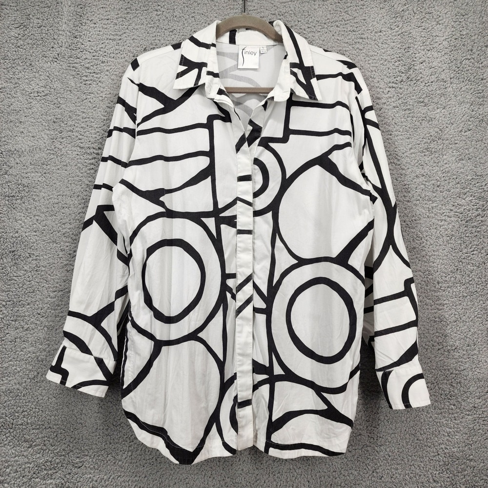 Finley Womens Large Black White Geometric Abstract Print Button Down Shirt USA